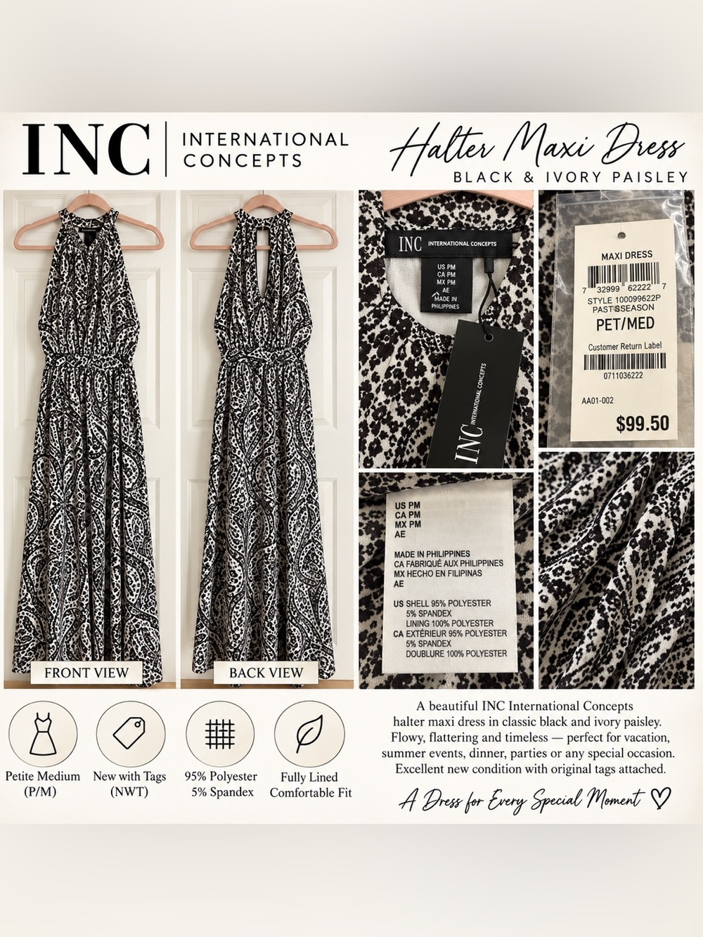 INC International Concepts Black & Ivory Paisley Halter Maxi Dress